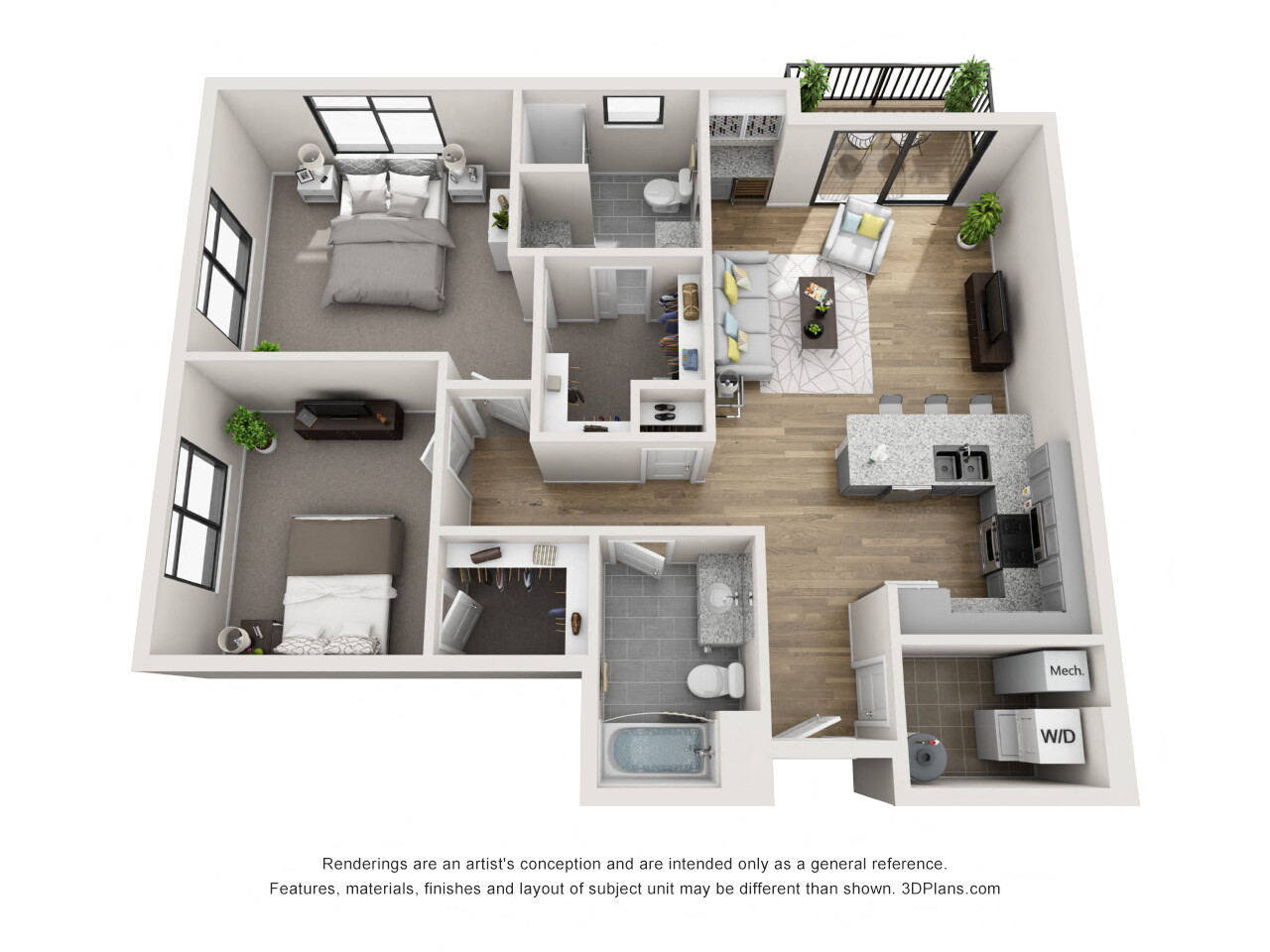 Floor plan for 2 beds, 2 baths, 1190 sqft